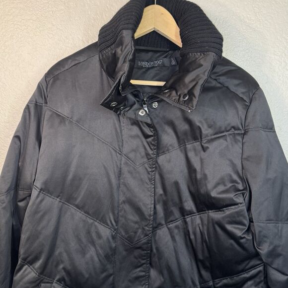 London Fog Parka Long Coat Knit Sweater Collar Black Down Filled Puffer Size L - Picture 2 of 11